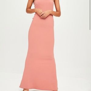 Gray strapless maxi dress with slit